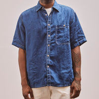 orSlow Unisex Loose Fit Short Sleeve Shirt, Indigo, front view