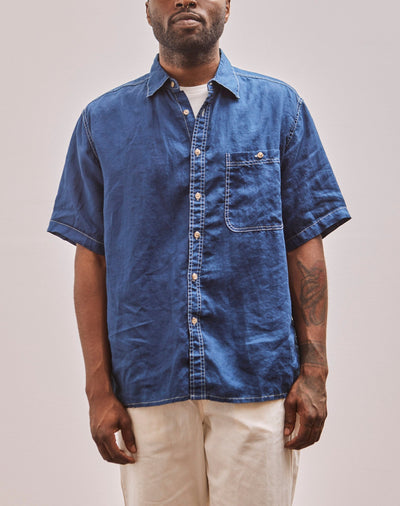 orSlow Unisex Loose Fit Short Sleeve Shirt, Indigo, front view