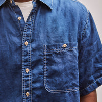 orSlow Unisex Loose Fit Short Sleeve Shirt, Indigo, pocket detail
