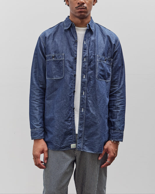 orSlow Linen Dungaree Work Shirt, Blue