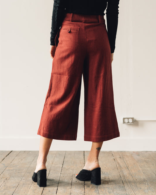 7115 Linen Wide-Legged Cropped Trouser, Rust