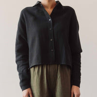 7115 Gauze 3/4 Cropped Shirt Jacket, Black