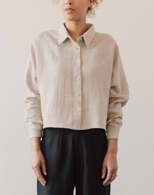 7115 Gauze 3/4 Cropped Shirt Jacket, Oatmeal