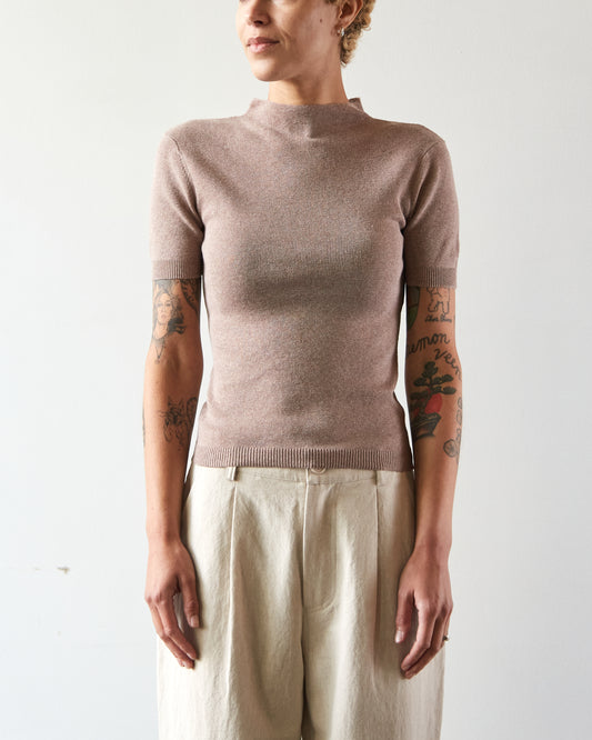 7115 Mock-Neck Linen Knit Top, Taupe