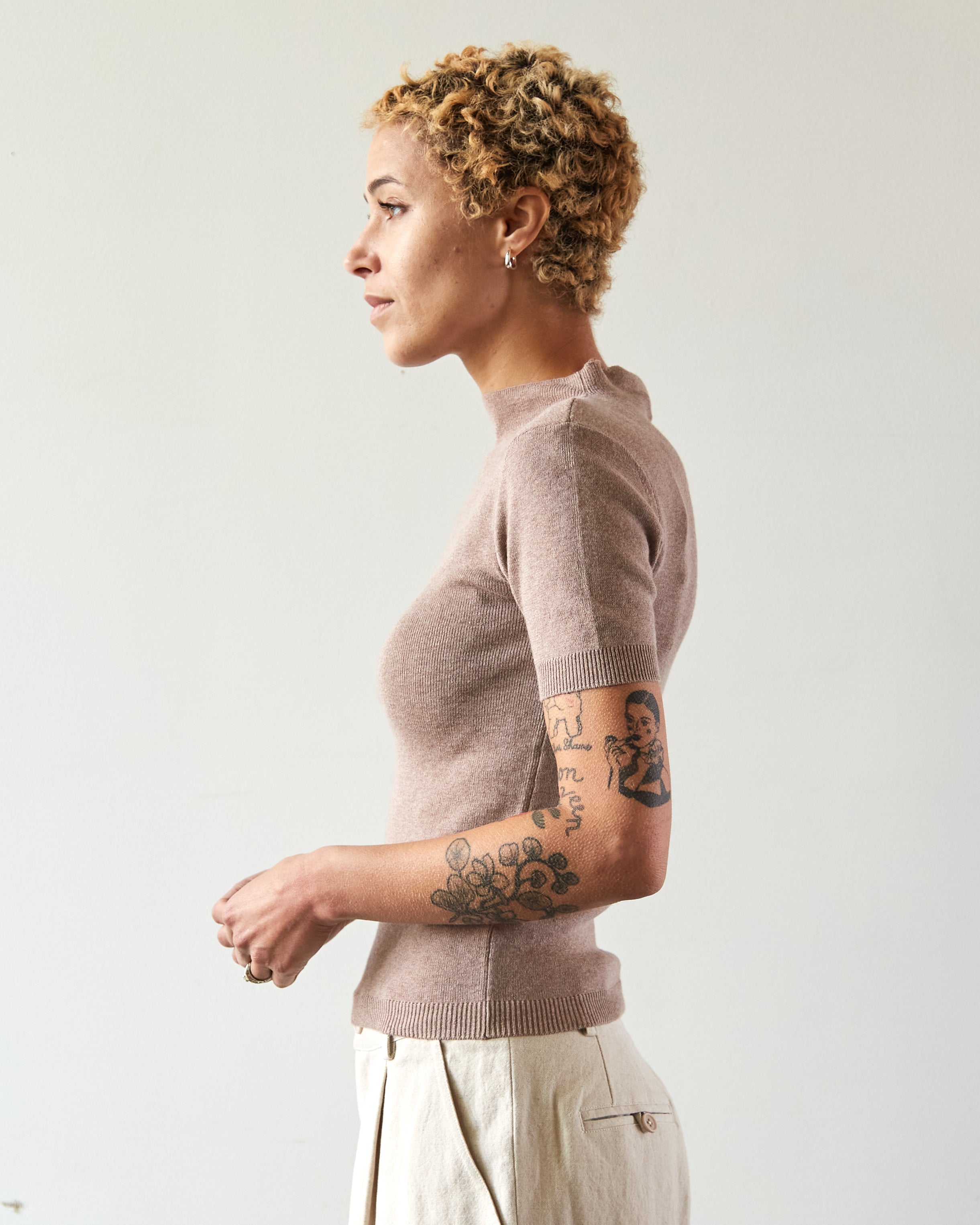 7115 Mock-Neck Linen Knit Top, Taupe