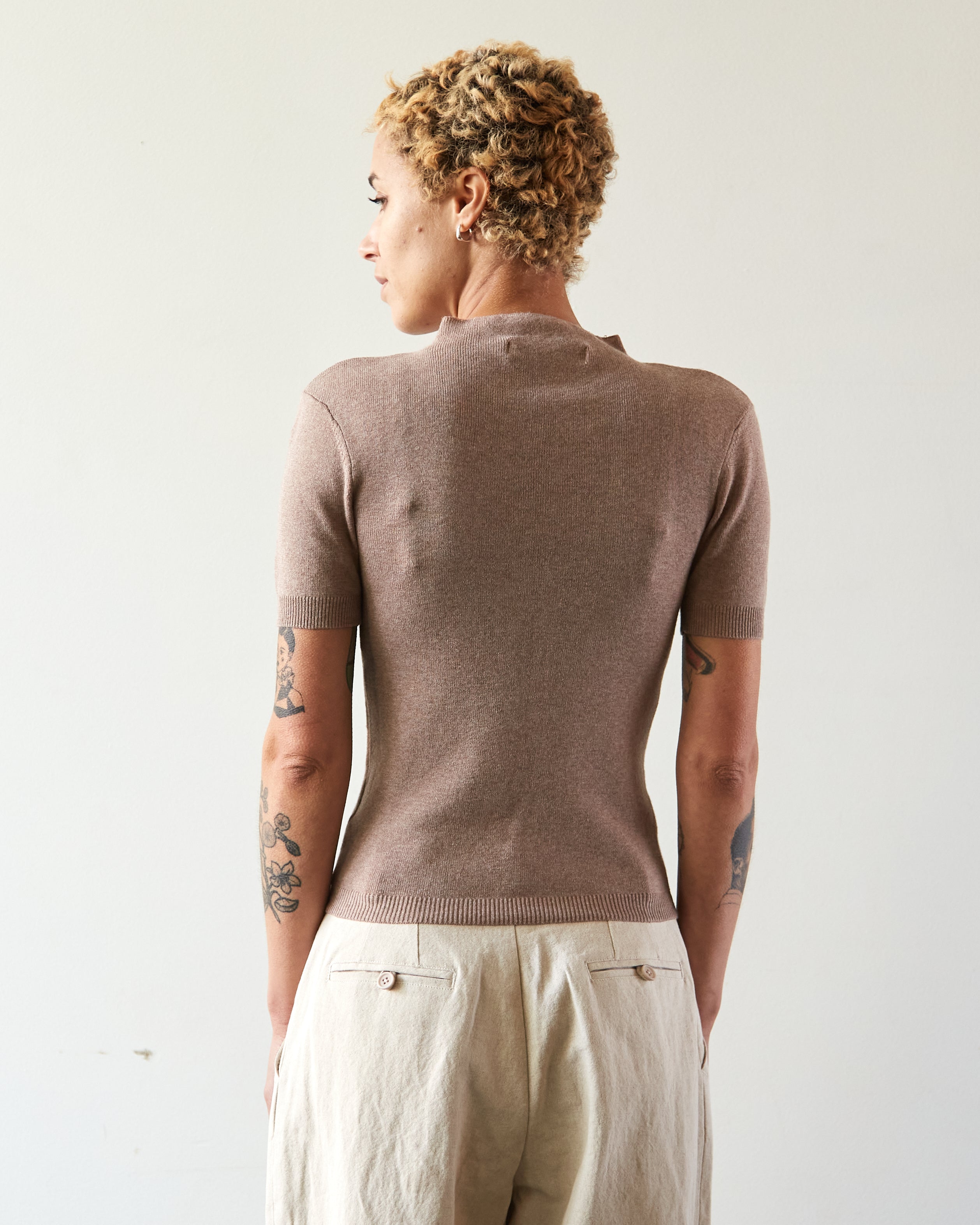 7115 Mock-Neck Linen Knit Top, Taupe