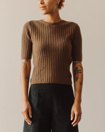 7115 Molly Ribbed Short Sleeve Top, Brown