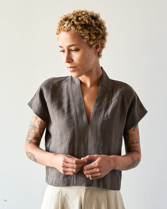 7115 V-Neck Panel Top, Dark Oak