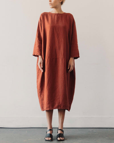 Black Crane Linen Long Bud Dress, Brick