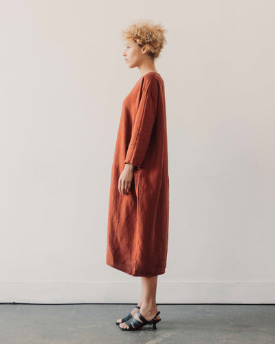 Black Crane Linen Long Bud Dress, Brick