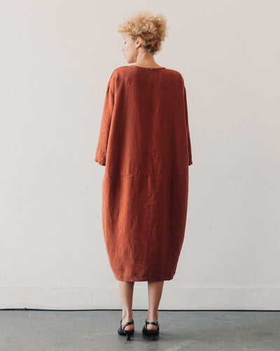 Black Crane Linen Long Bud Dress, Brick