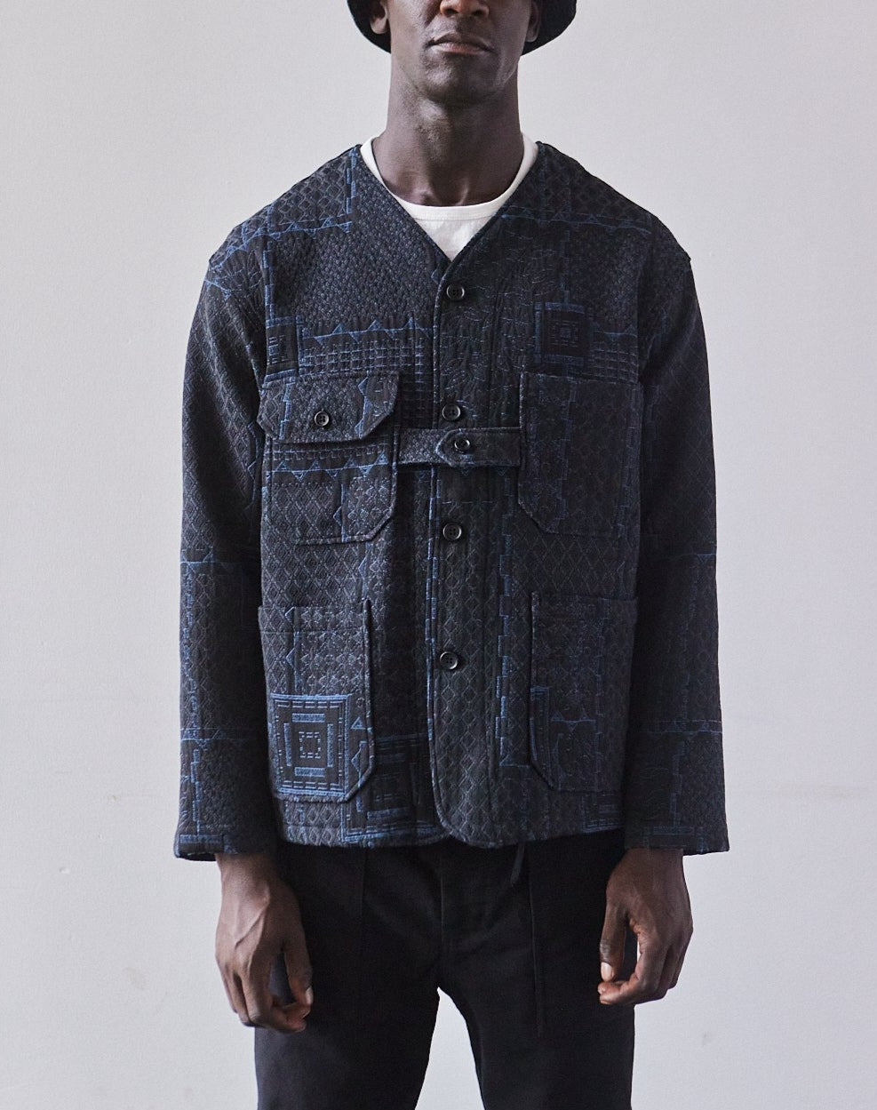 Engineered Garments Cardigan Jacket, Black/Navy Geo Jacquard