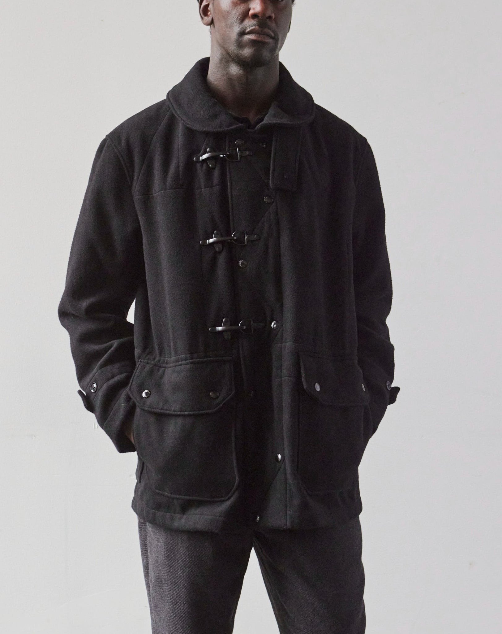 Engineered Garments Fake Melton Short Duffle Jacket, Black | Glasswing
