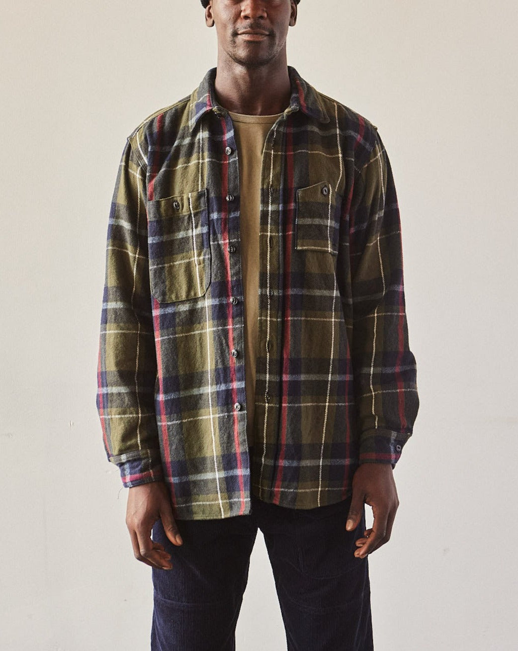 Engineered Garments Heavy Flannel Work Shirt Green Navy Big Plaid Glasswing