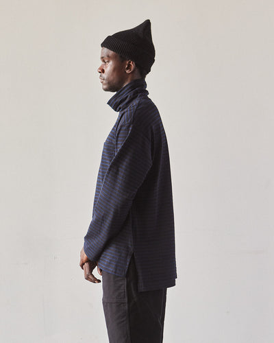 Engineered Garments Jersey High Mock Shirt, Black/Navy Stripe