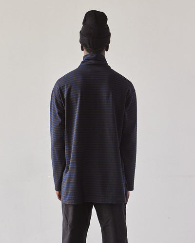 Engineered Garments Jersey High Mock Shirt, Black/Navy Stripe