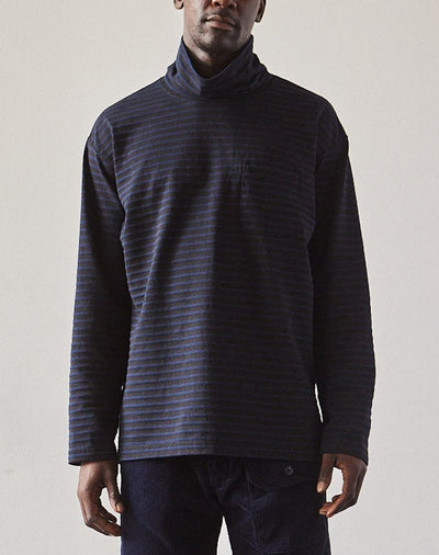 Engineered Garments Jersey High Mock Shirt, Black/Navy Stripe