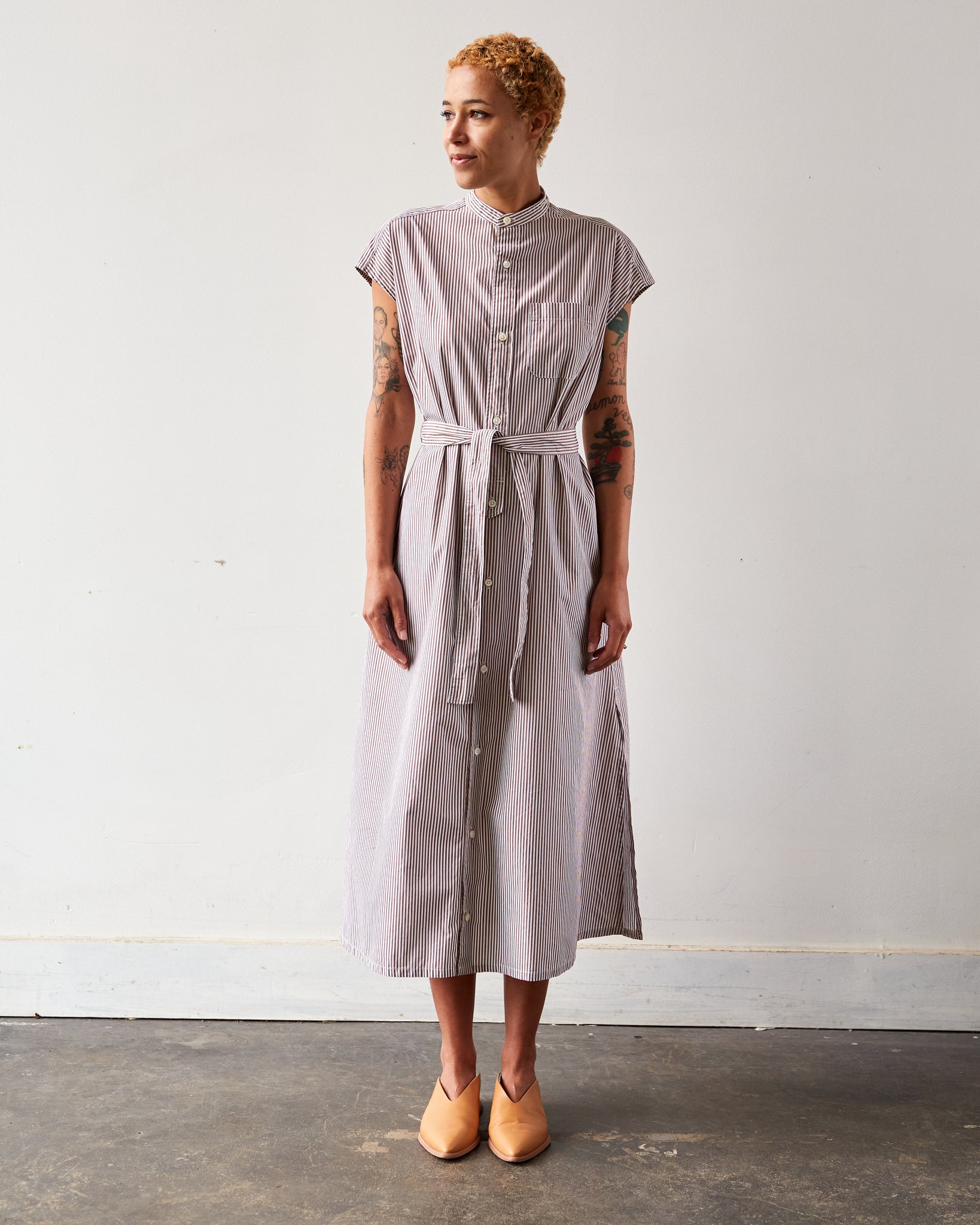 Engineered Garments No Sleeve Banded Collar Dress, Khaki | Glasswing