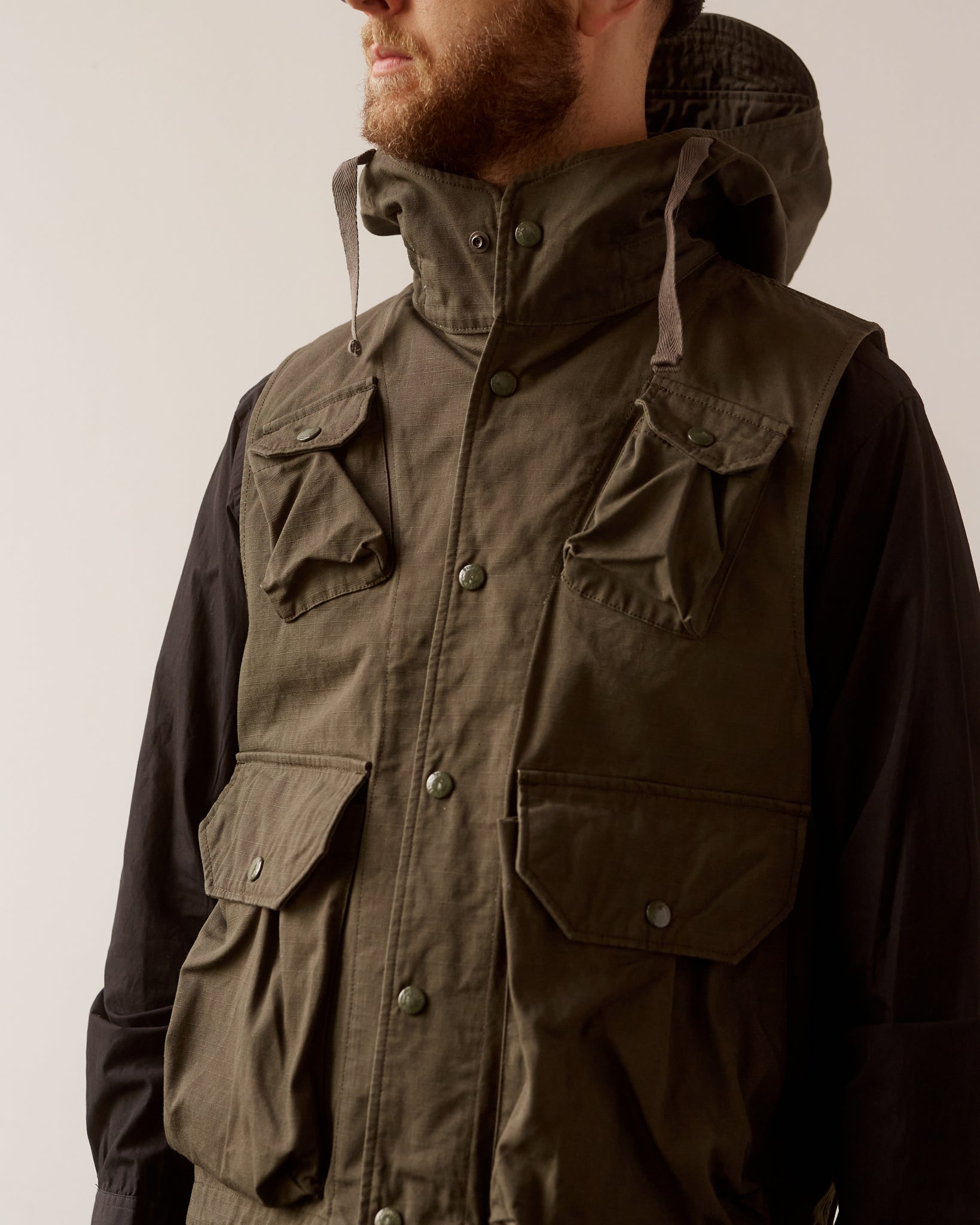 Engineered Garments Ripstop Field Vest, Olive | Glasswing