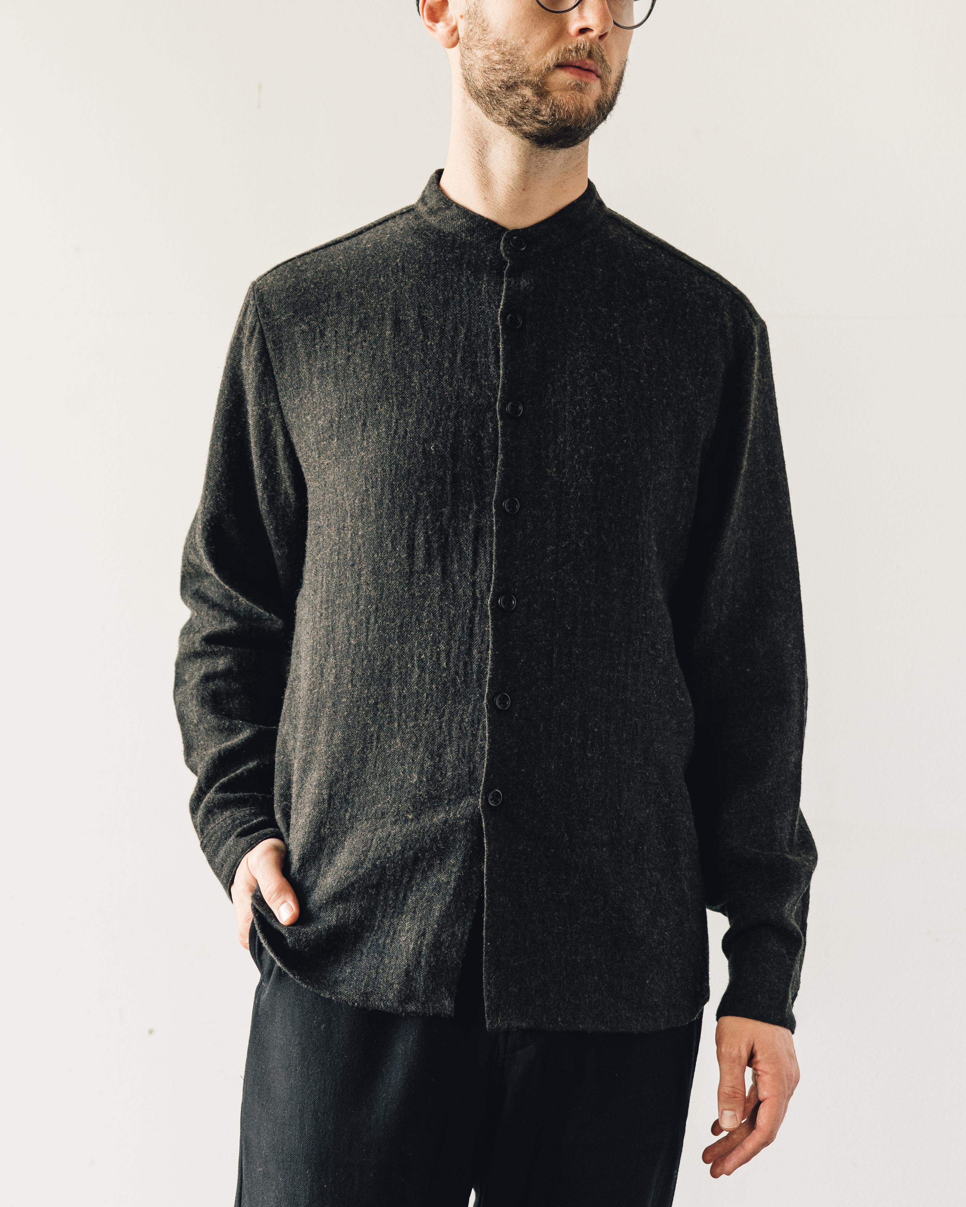 Evan Kinori Band Collar Shirt, Dark Brown – Glasswing
