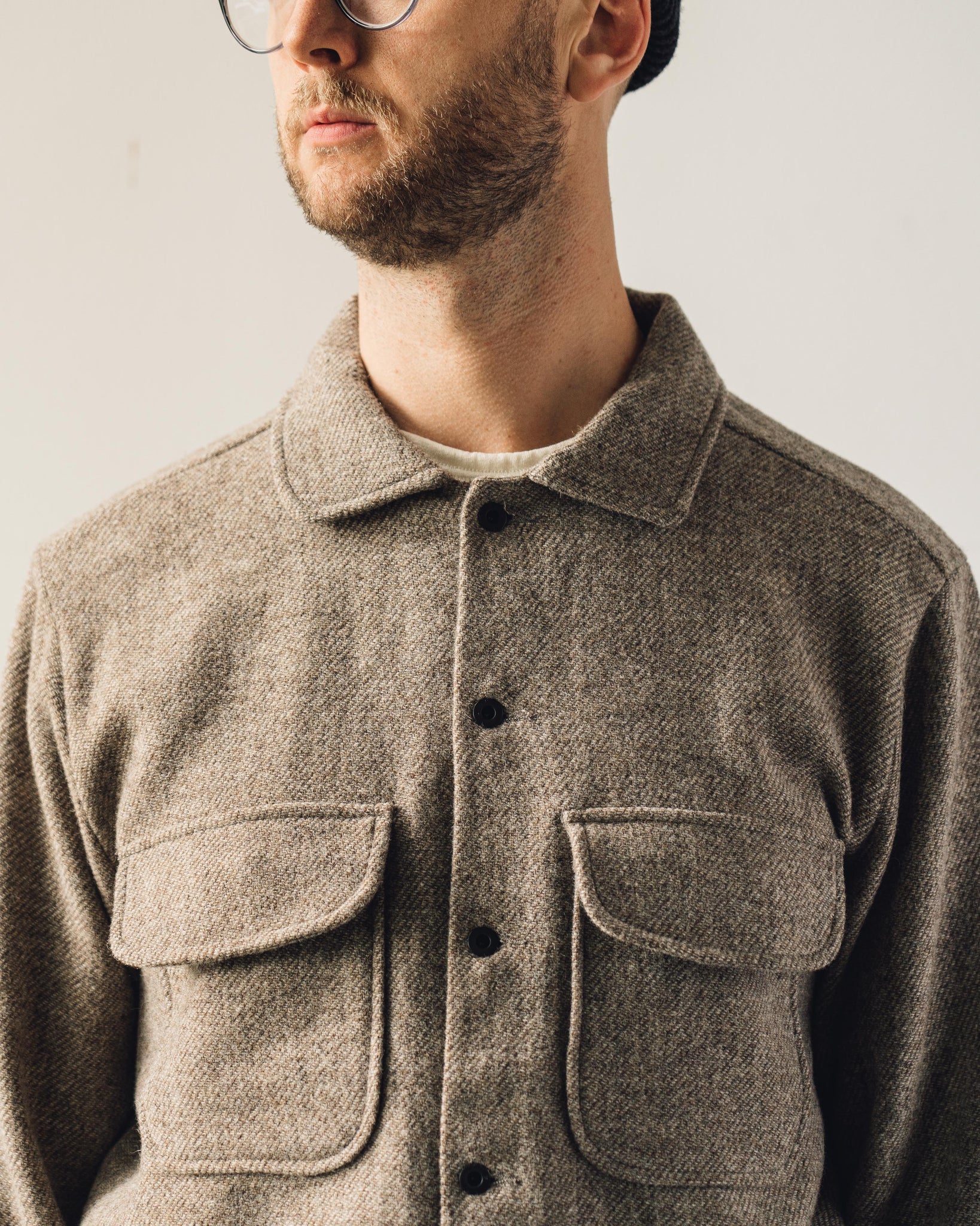 Evan Kinori Field Shirt, Brushed Wool Twill, Natural | Glasswing