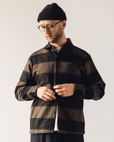 Evan Kinori Flat Hem Shirt Big Check, Brown/Black