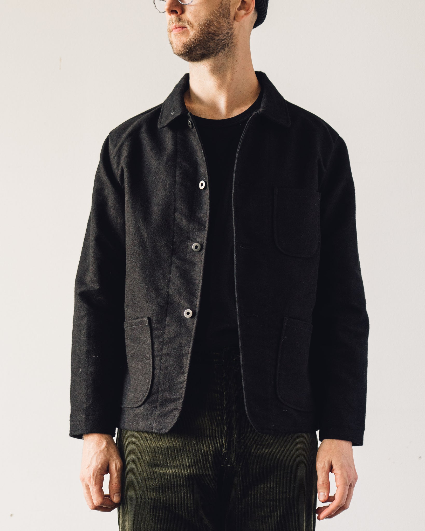 Evan Kinori Three Pocket Jacket, Black Moleskin | Glasswing