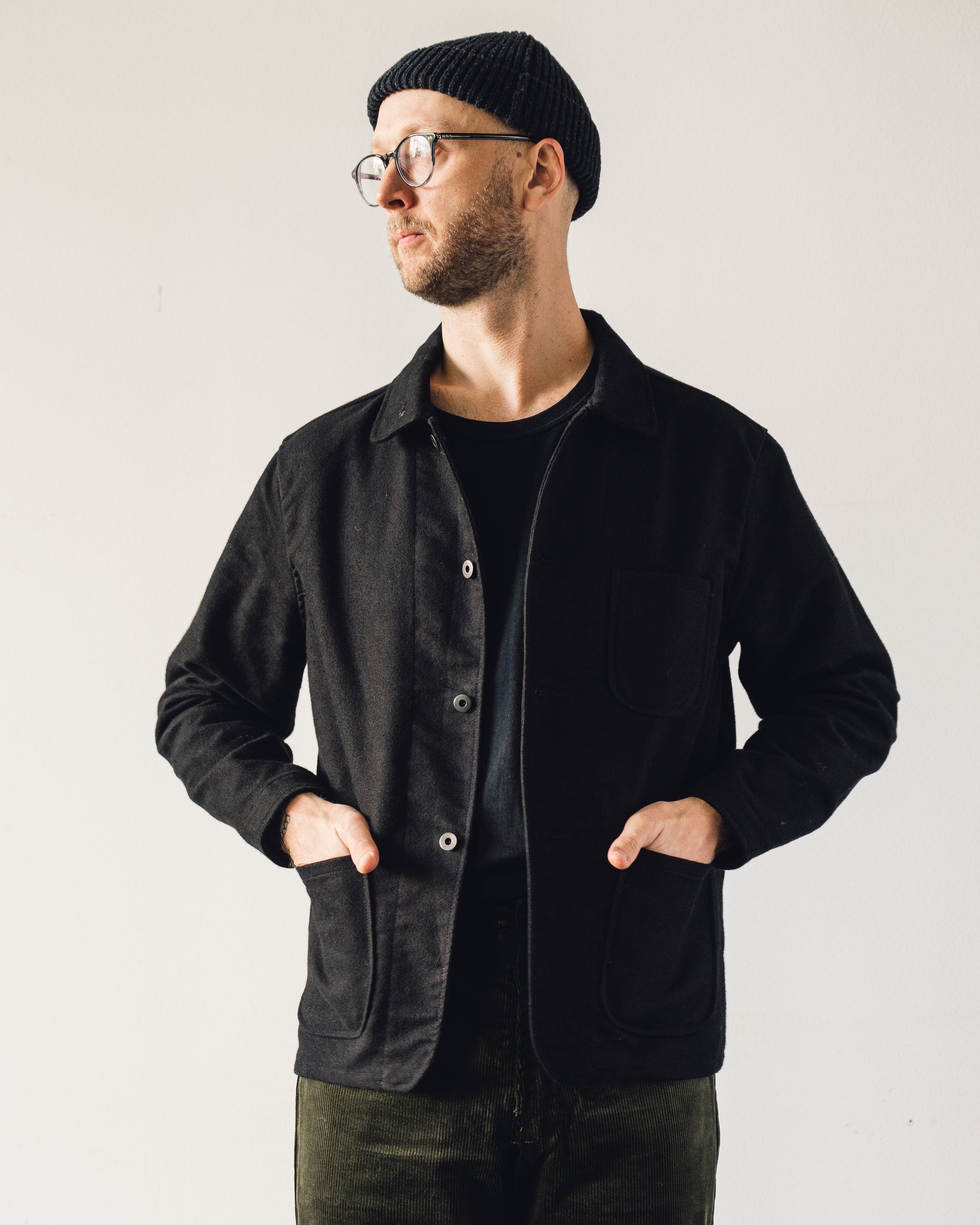 Evan Kinori Three Pocket Jacket, Black Moleskin | Glasswing