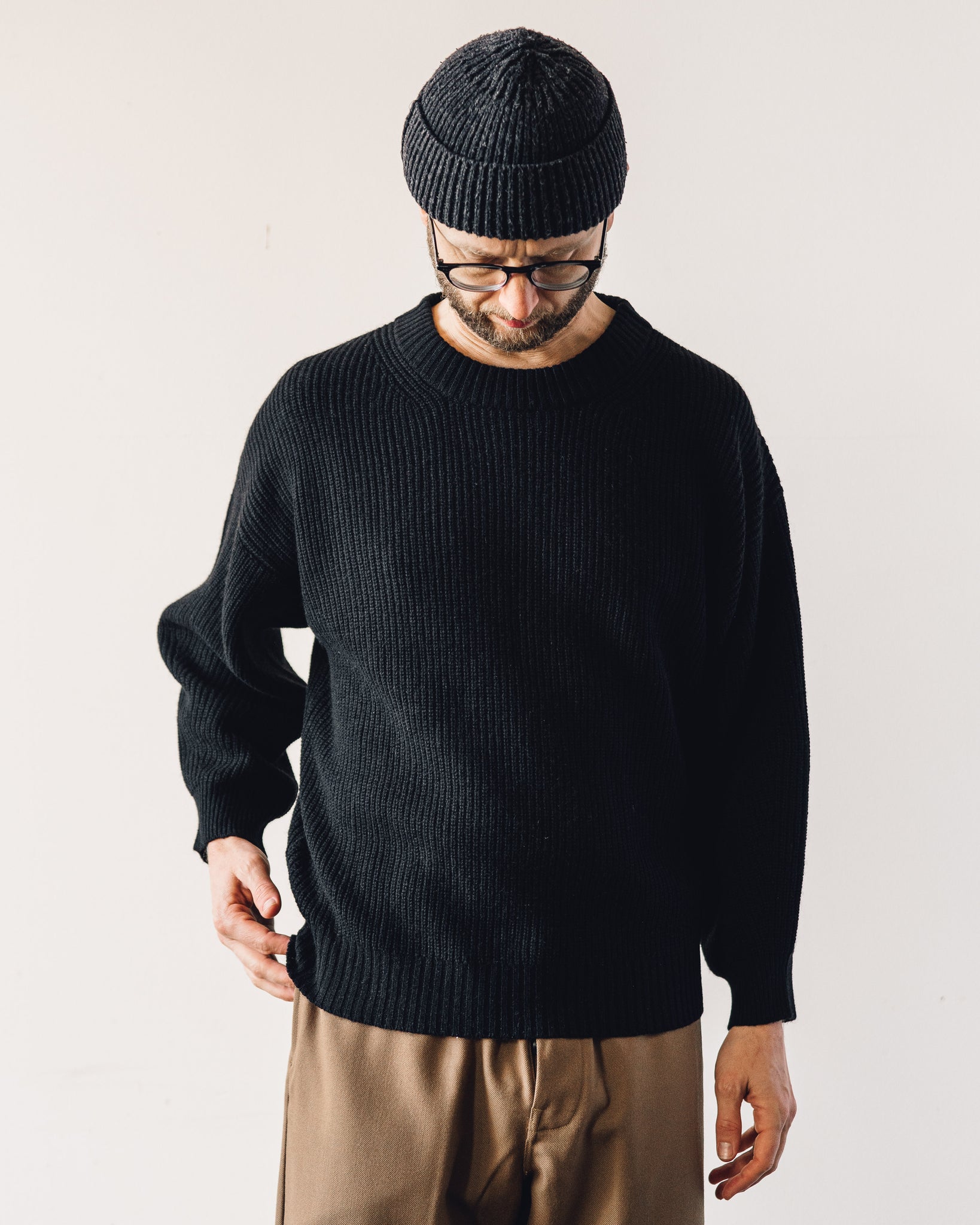 Super Fine Wool Rib Knit Big Pullover - Black