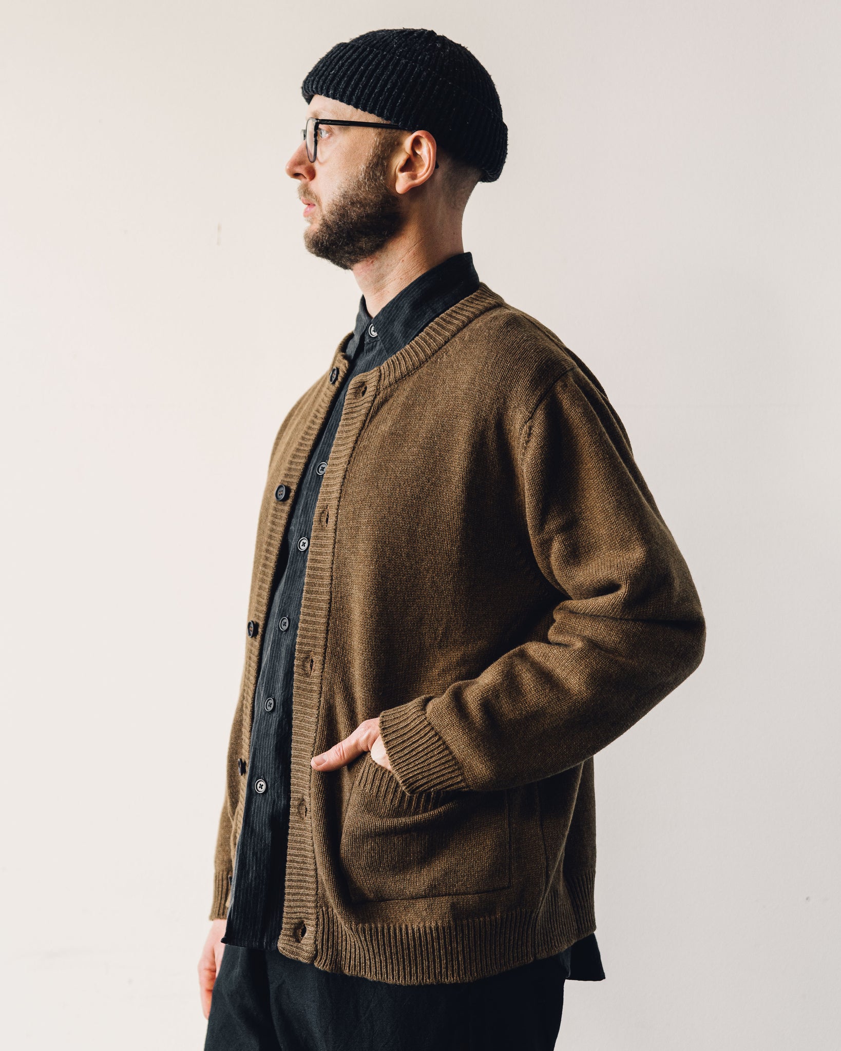 Evan Kinori Crewneck Cardigan, Ochre | Glasswing