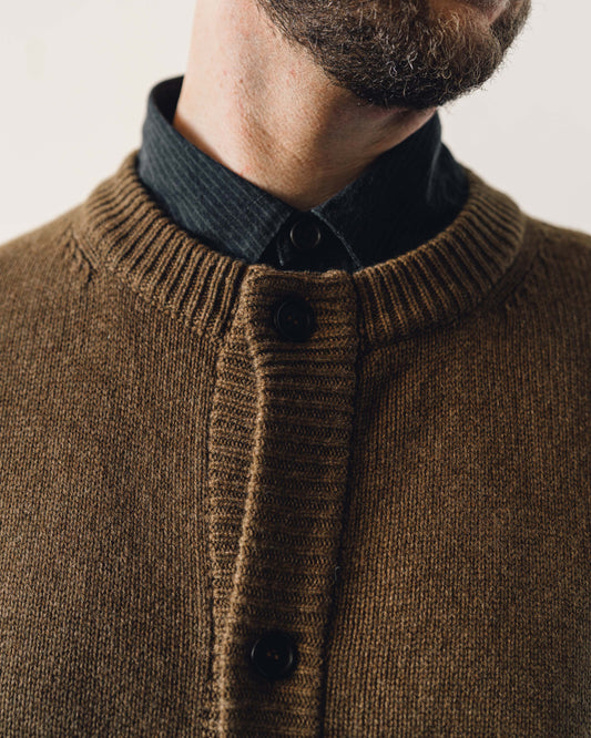Evan Kinori Crewneck Cardigan, Ochre