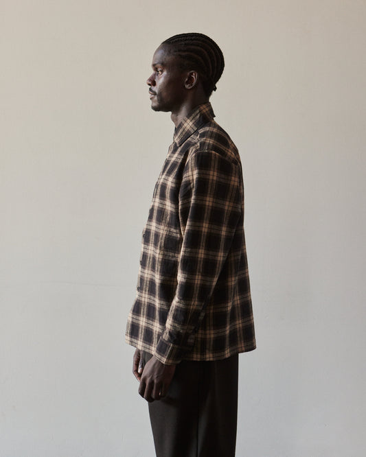 Evan Kinori Flat Hem Shirt, Brown Check