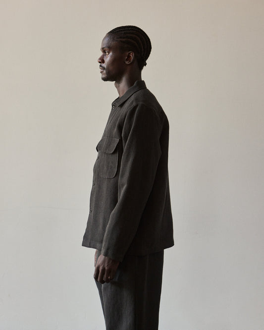 Evan Kinori Wool Field Shirt, Charcoal/Black