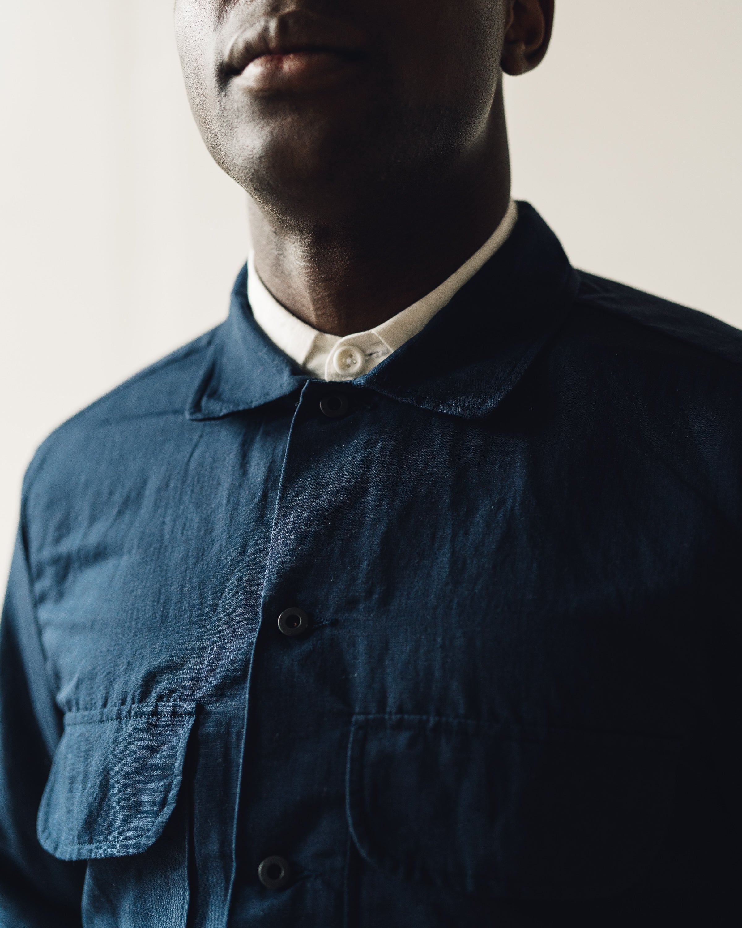 evan kinori バンダナ Band Collar Shirt - Yarn Dyed Linen/Cotton Stripe, Natural