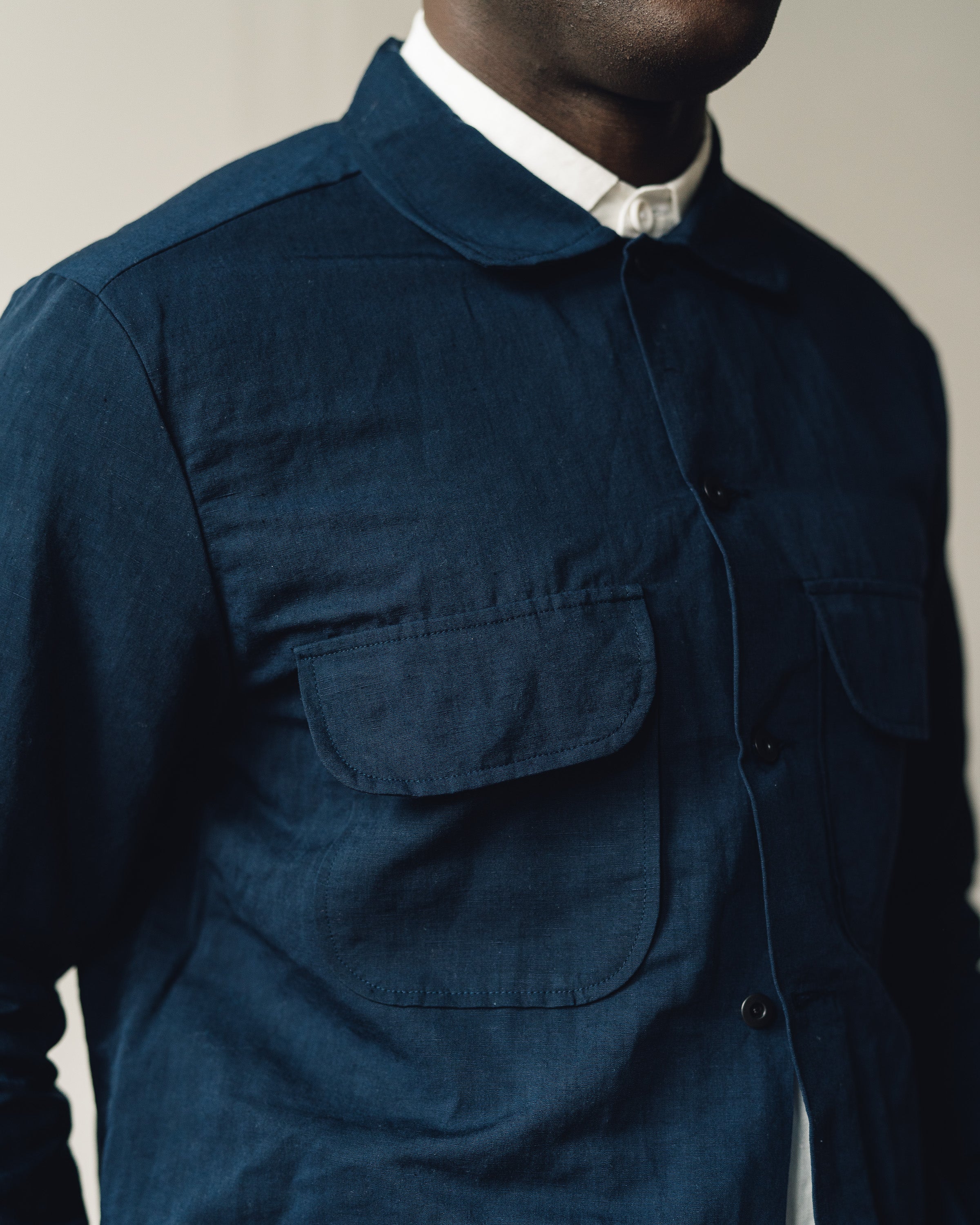 evan kinori バンダナ Band Collar Shirt - Yarn Dyed Linen/Cotton Stripe, Natural