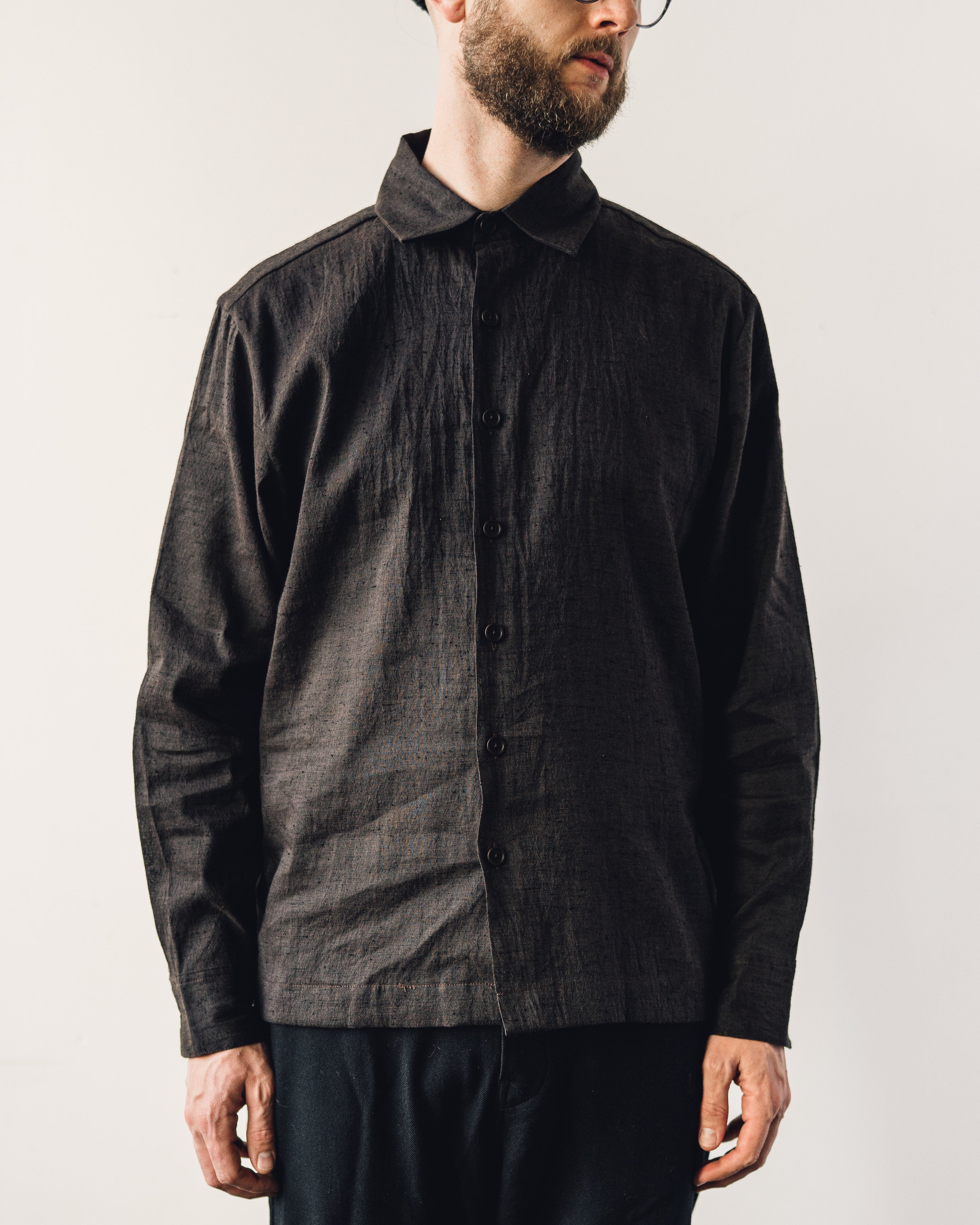Evan Kinori Flat Hem Shirt, Brown Summercloth | Glasswing