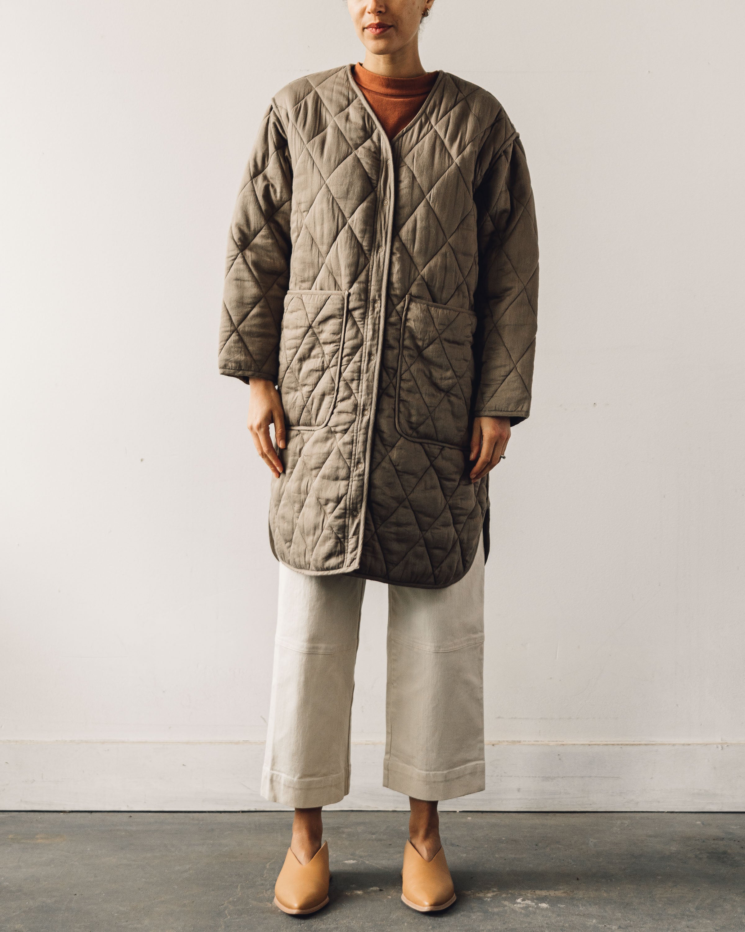 Micaela Greg Long Quilt Jacket, Dusty Olive – Glasswing