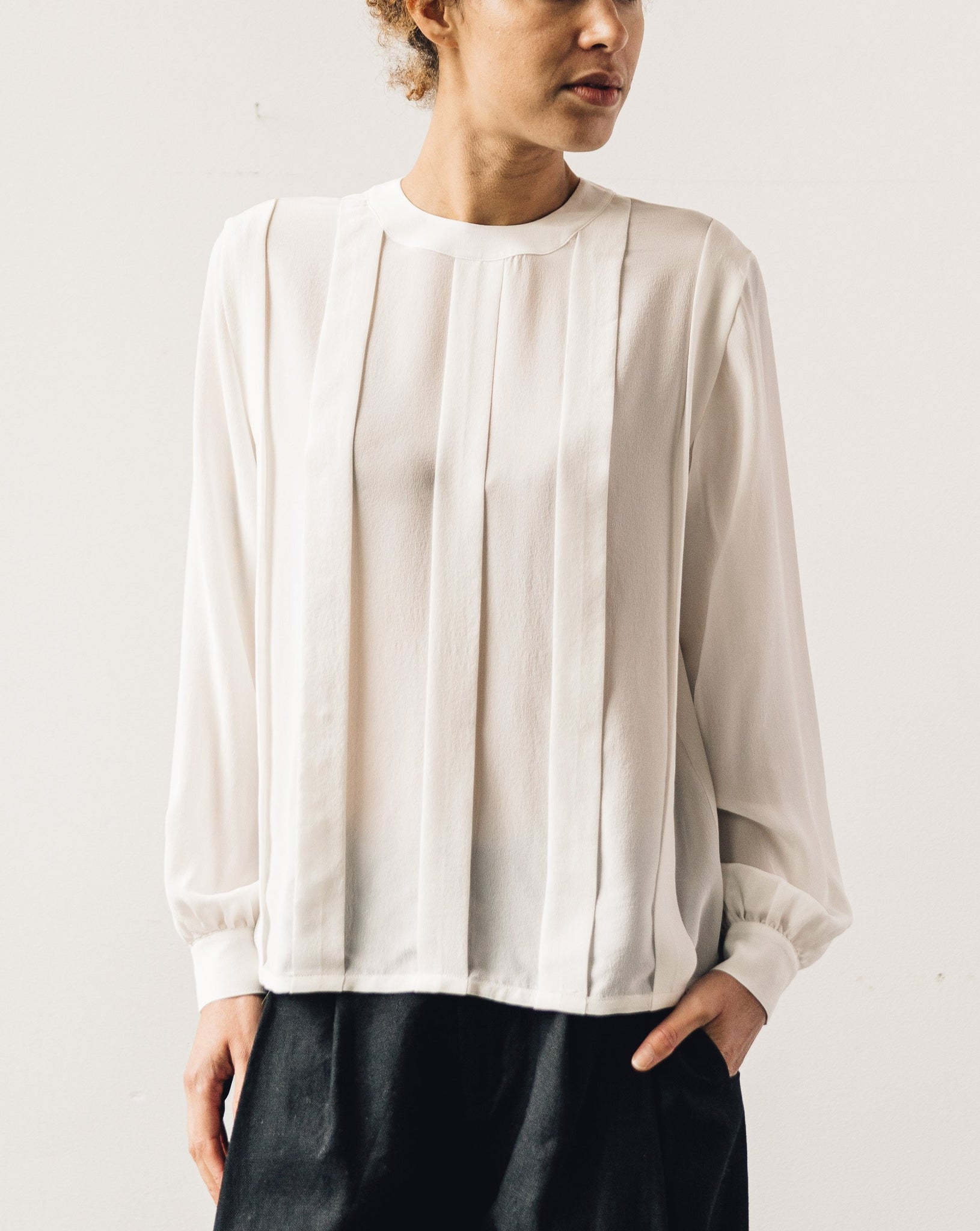 7115 Pleated Silk Blouse, Off-White