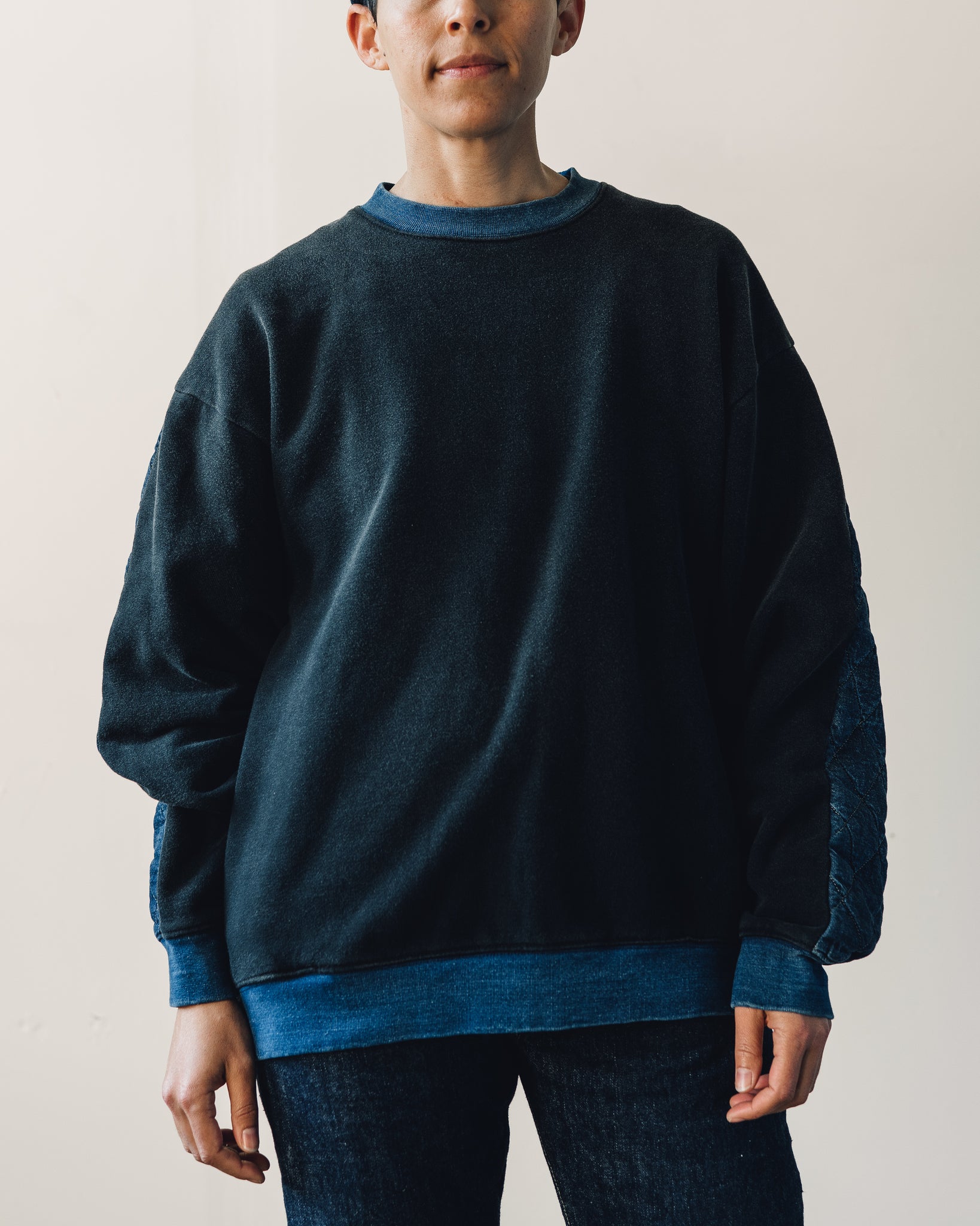 Kapital Fleece/Denim Quilted Big Sweatshirt, Black Indigo | Glasswing