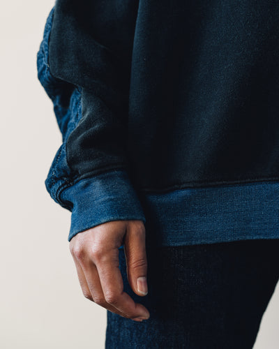 Kapital Fleece/Denim Quilted Big Sweatshirt, Black Indigo