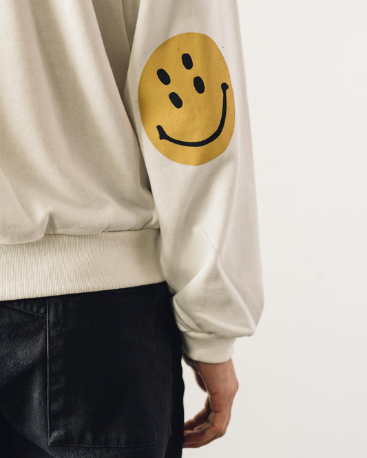 Kapital Eco Fleece Knit Crew Smile Patch, White