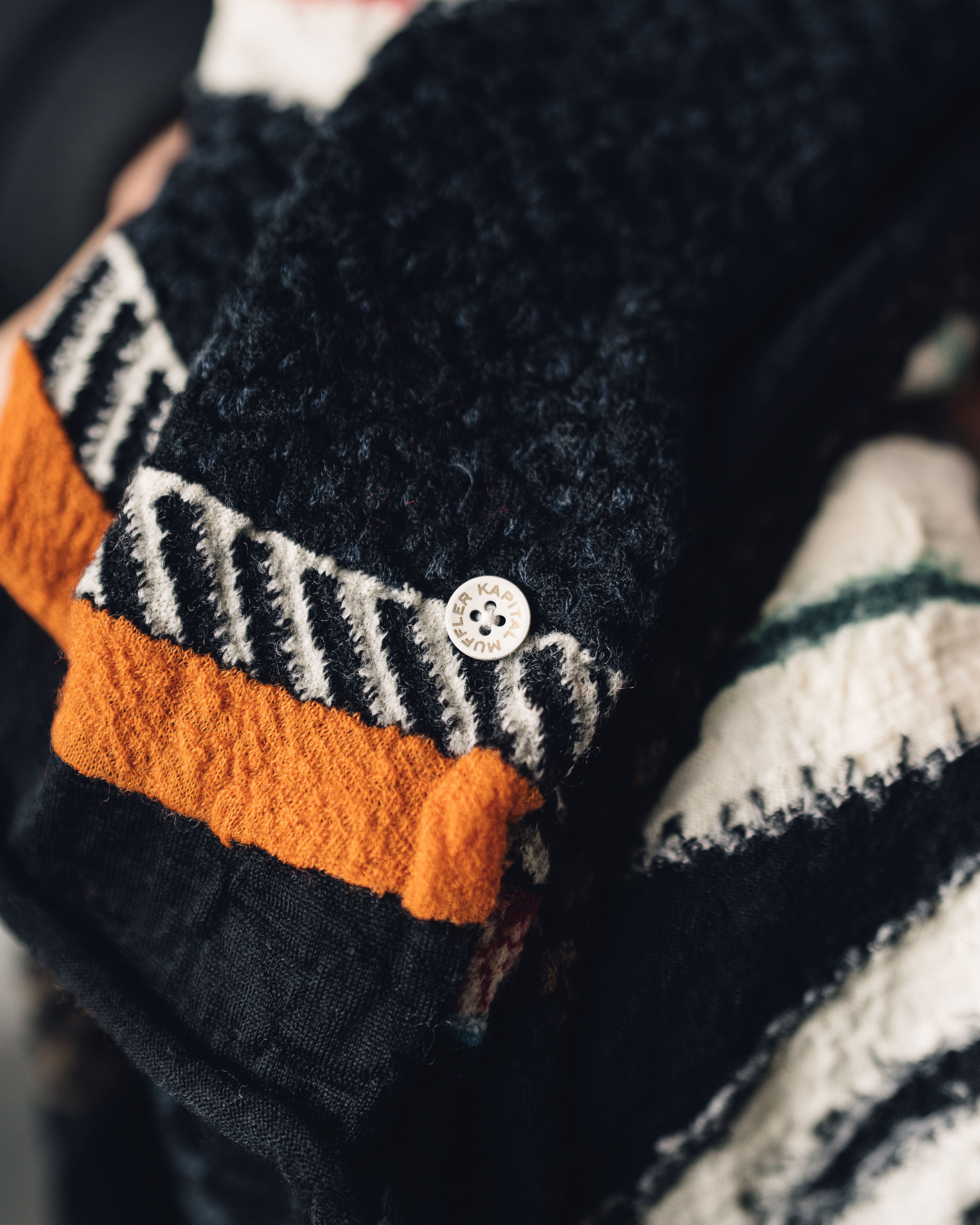 Kapital Compressed Wool Scarf, Ainu Five Rings – Glasswing Kapital Compressed Wool Scarf, Ainu Five Rings – Glasswing