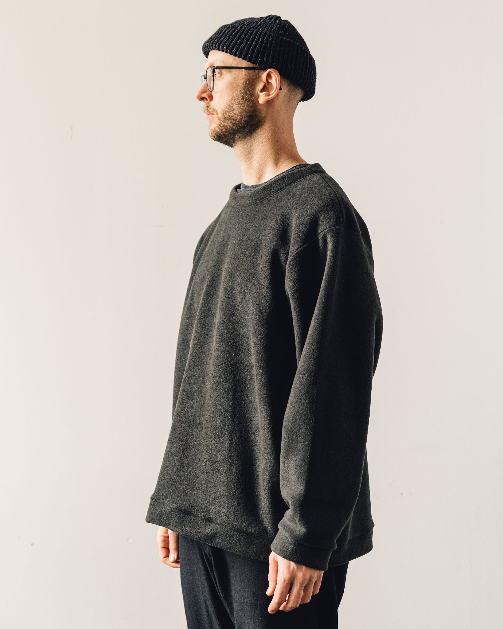 Kapital Reverse Fleece Big Crew Sweatshirt, Black | Glasswing