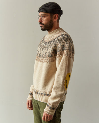 Kapital 5G Wool Nordic Happy Patch Raglan Crew Sweater, Kinari