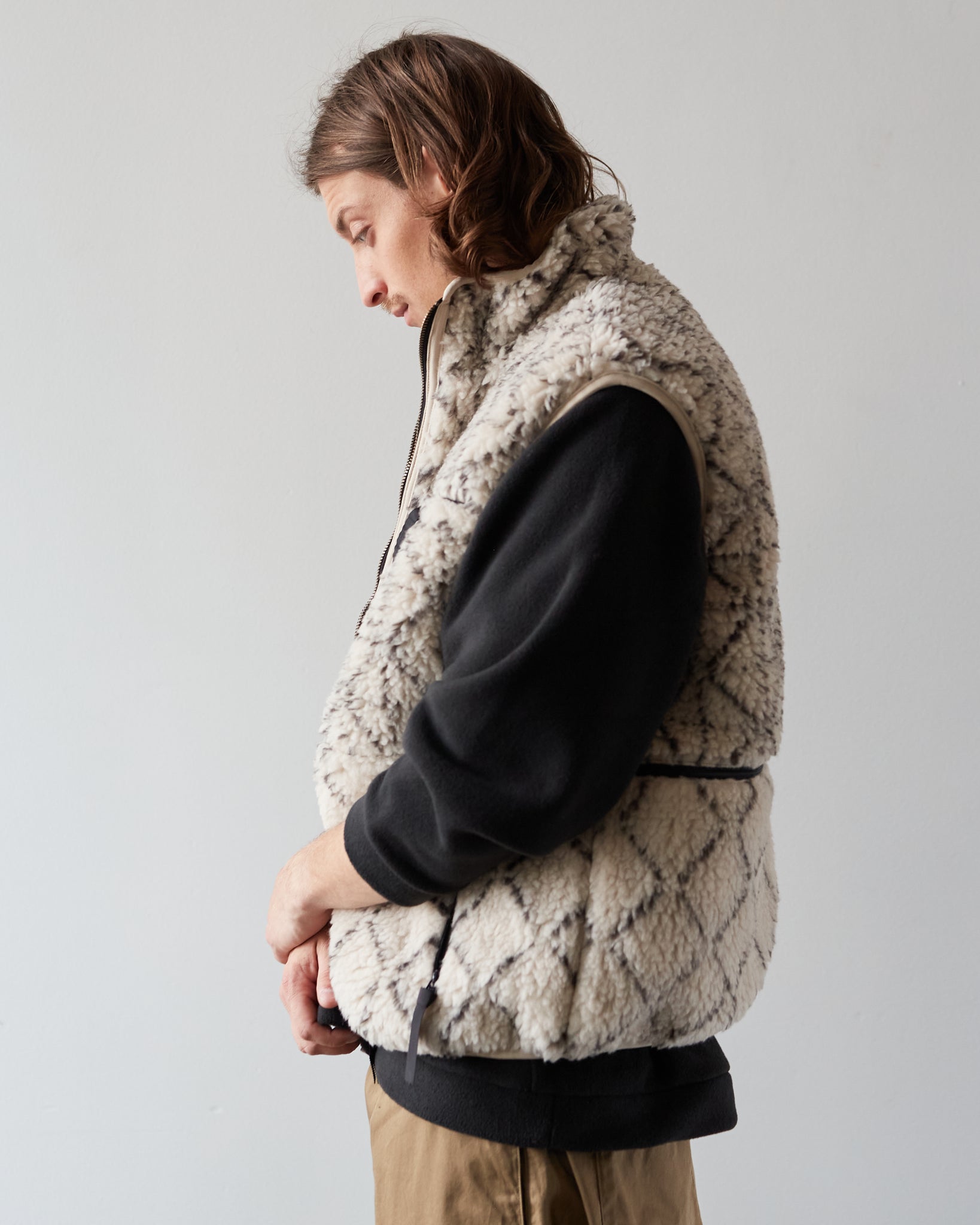 Kapital Do-Gi Sashiko Boa Fleece Reversible Vest, Ecru | Glasswing