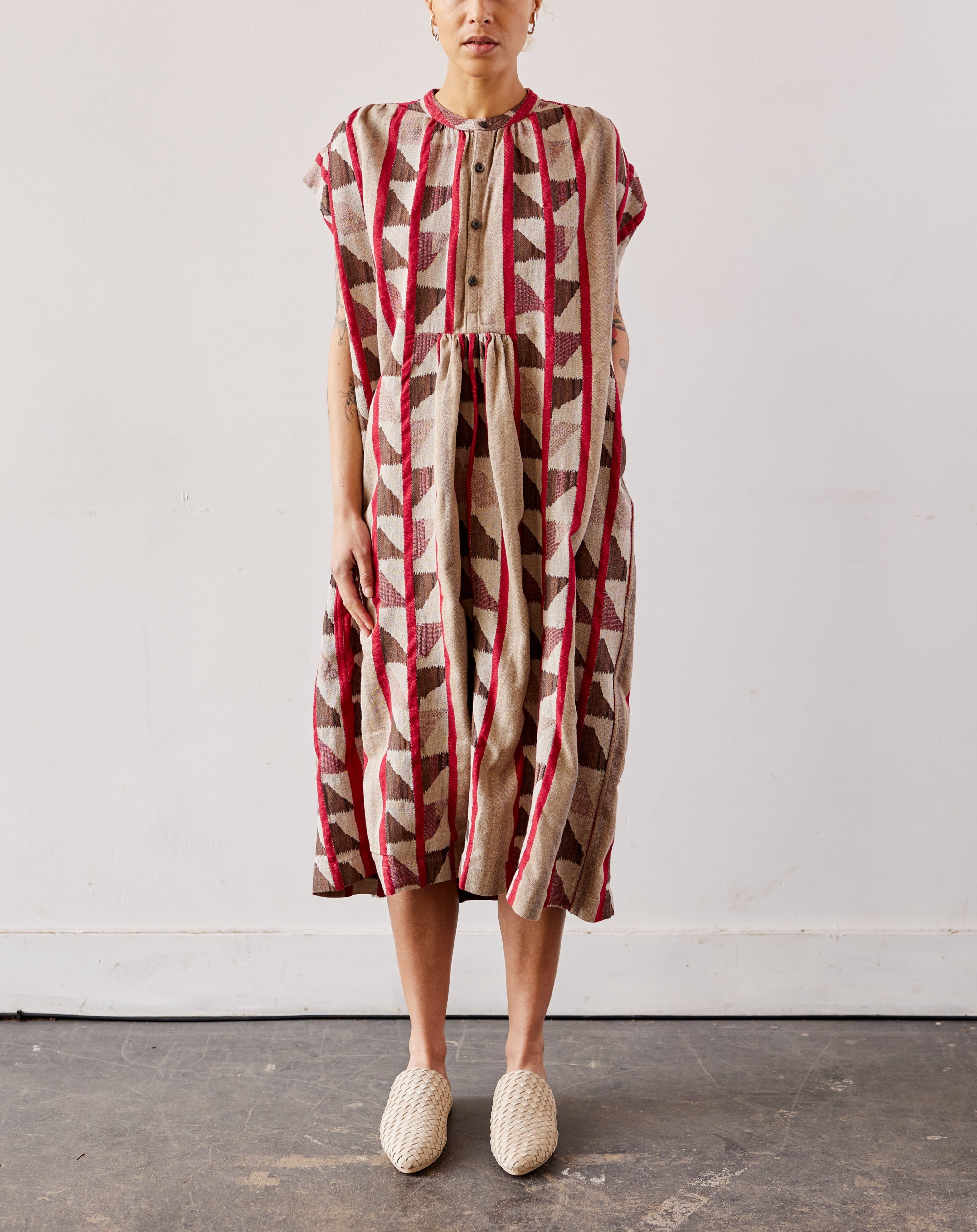 Kapital Pueblo Stripe Fisherman Non-Sleeve Dress, Red/Brown 