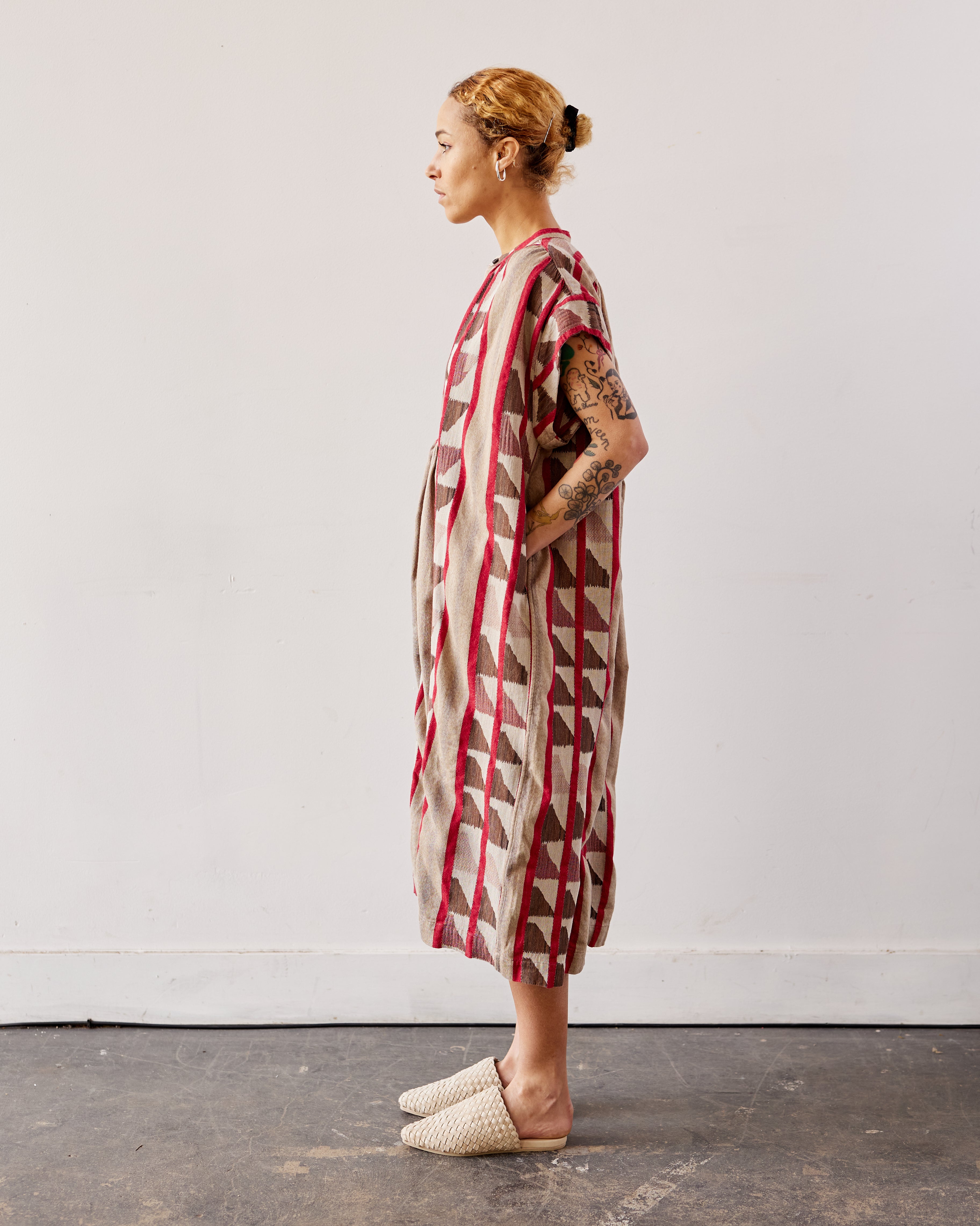 Kapital Pueblo Stripe Fisherman Non-Sleeve Dress, Red/Brown – Glasswing