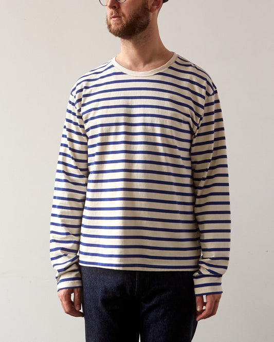 Kapital Stripe Smilie Patch Long Sleeve Tee, Blue