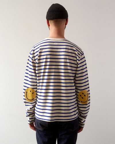 Kapital Stripe Smilie Patch Long Sleeve Tee, Blue