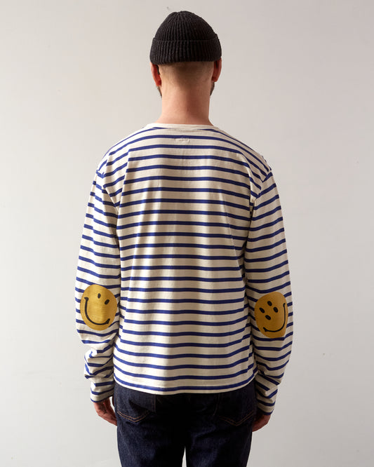 Kapital Stripe Smilie Patch Long Sleeve Tee, Blue